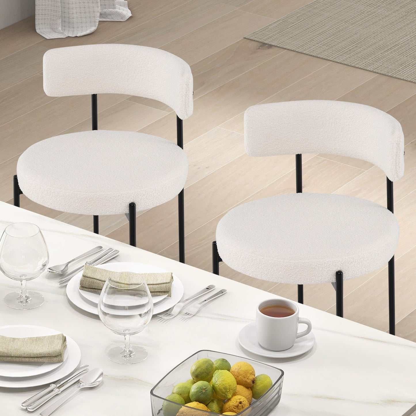 Juego de 4 sillas de comedor Boucle con respaldo curvo y patas de metal - Blanco