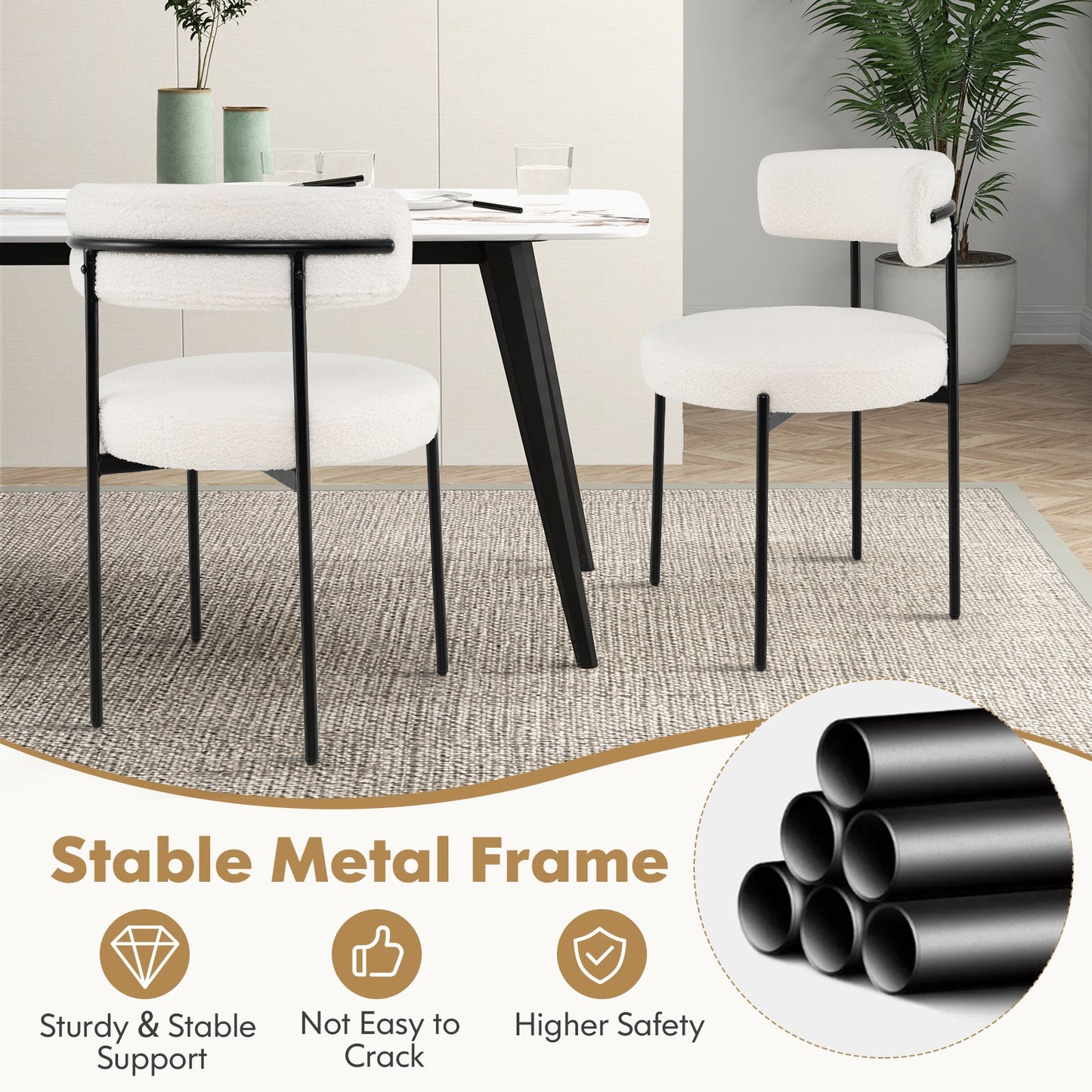 Juego de 4 sillas de comedor Boucle con respaldo curvo y patas de metal - Blanco