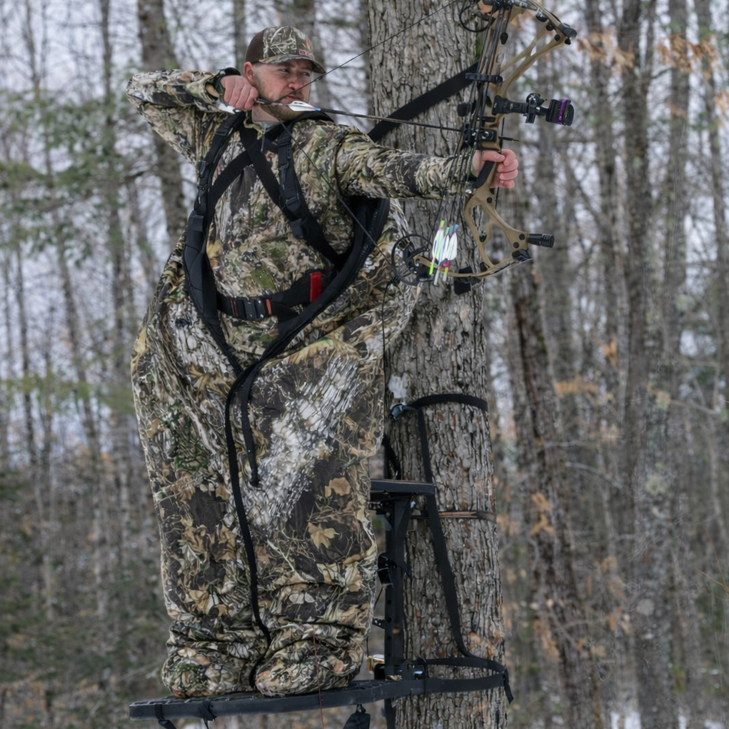 Heater Body Suit AP camouflage hunting jacket by Killz Products, hunter in treestand with bow on Tampa Home & Garden Store