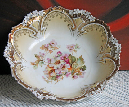 Bowl. Antique Porcelain Bowl by RS Prussia. Hand Painted Fine Porcelain Bowl with Wild Roses. Embossed Decoration, Scalloped Rim. - Tampa Home & Garden Store