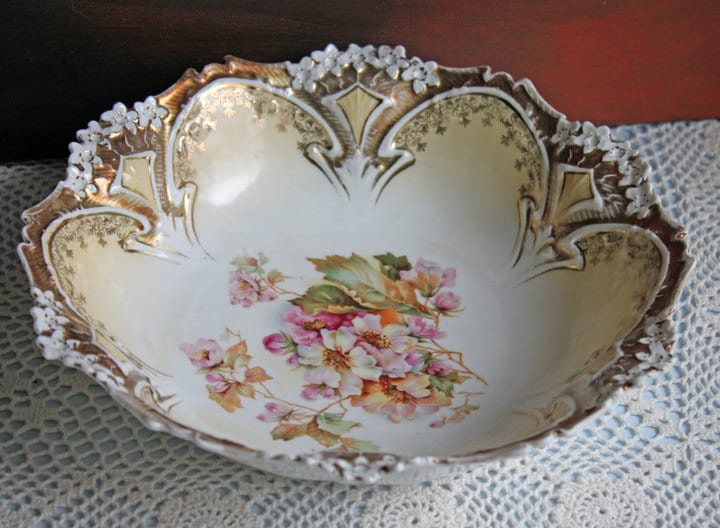 Bowl. Antique Porcelain Bowl by RS Prussia. Hand Painted Fine Porcelain Bowl with Wild Roses. Embossed Decoration, Scalloped Rim. - Tampa Home & Garden Store