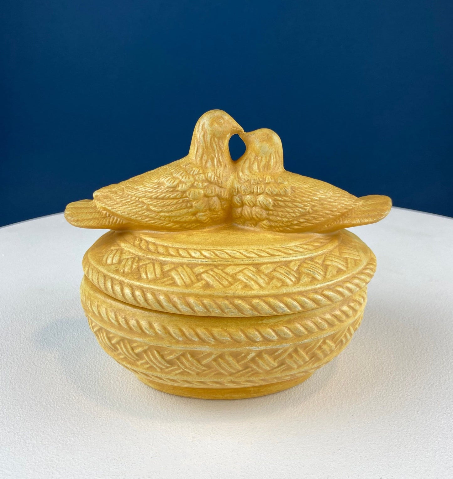 Bowl with Lid Yellow Ceramic Doves on Nest. Kissing Birds on Basket. Dish with Pair of Love Birds. - Tampa Home & Garden Store