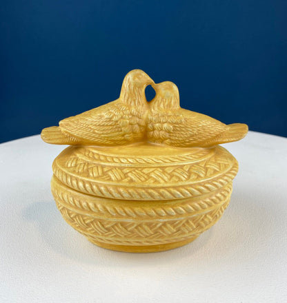 Bowl with Lid Yellow Ceramic Doves on Nest. Kissing Birds on Basket. Dish with Pair of Love Birds. - Tampa Home & Garden Store