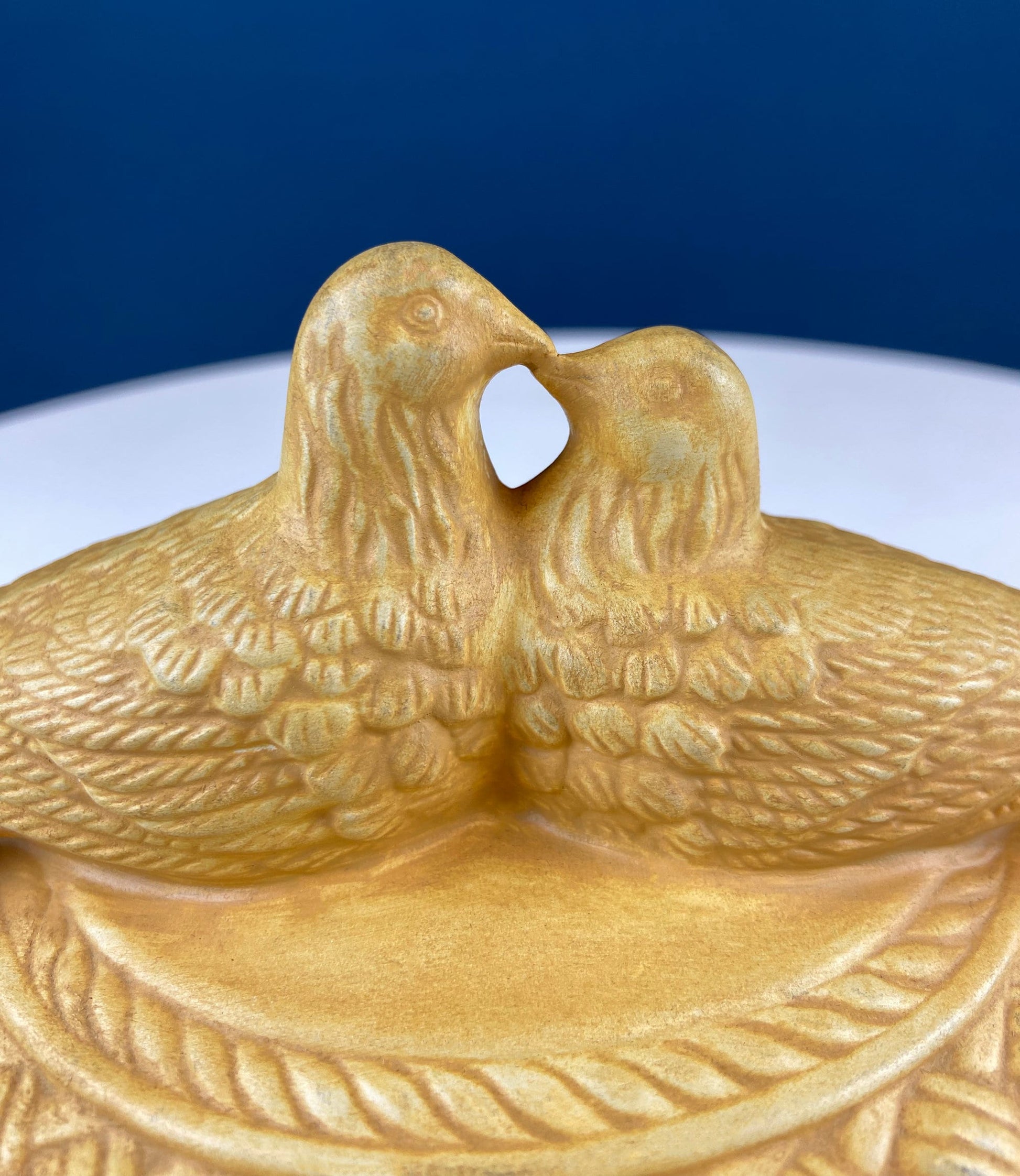 Bowl with Lid Yellow Ceramic Doves on Nest. Kissing Birds on Basket. Dish with Pair of Love Birds. - Tampa Home & Garden Store
