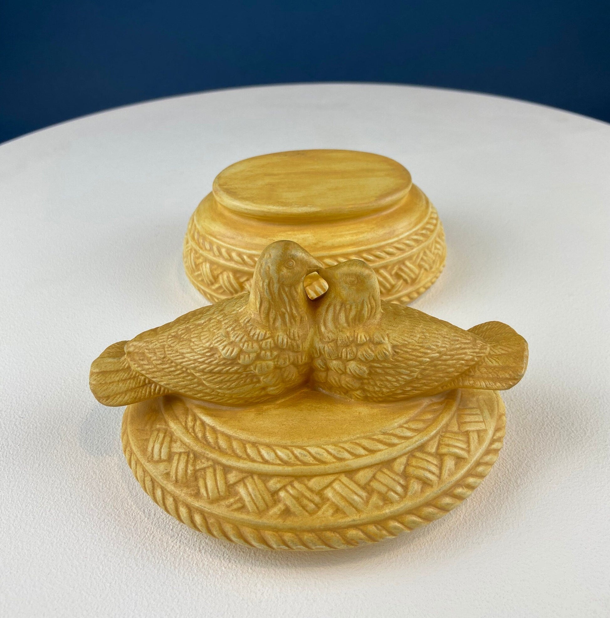 Bowl with Lid Yellow Ceramic Doves on Nest. Kissing Birds on Basket. Dish with Pair of Love Birds. - Tampa Home & Garden Store