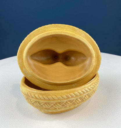 Bowl with Lid Yellow Ceramic Doves on Nest. Kissing Birds on Basket. Dish with Pair of Love Birds. - Tampa Home & Garden Store