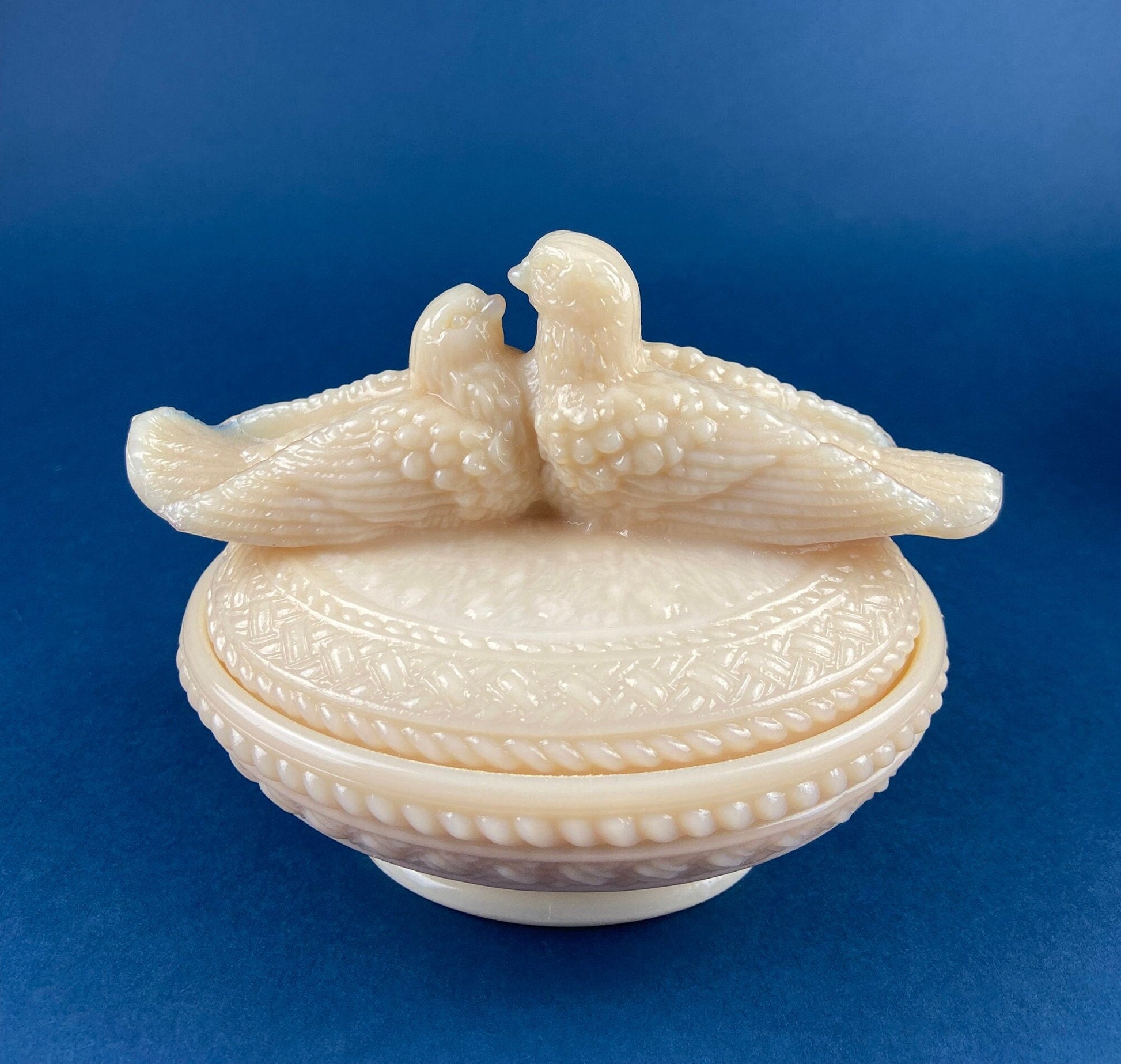 Bowl with Lid Yellow Ceramic Doves on Nest. Kissing Birds on Basket. Dish with Pair of Love Birds. - Tampa Home & Garden Store