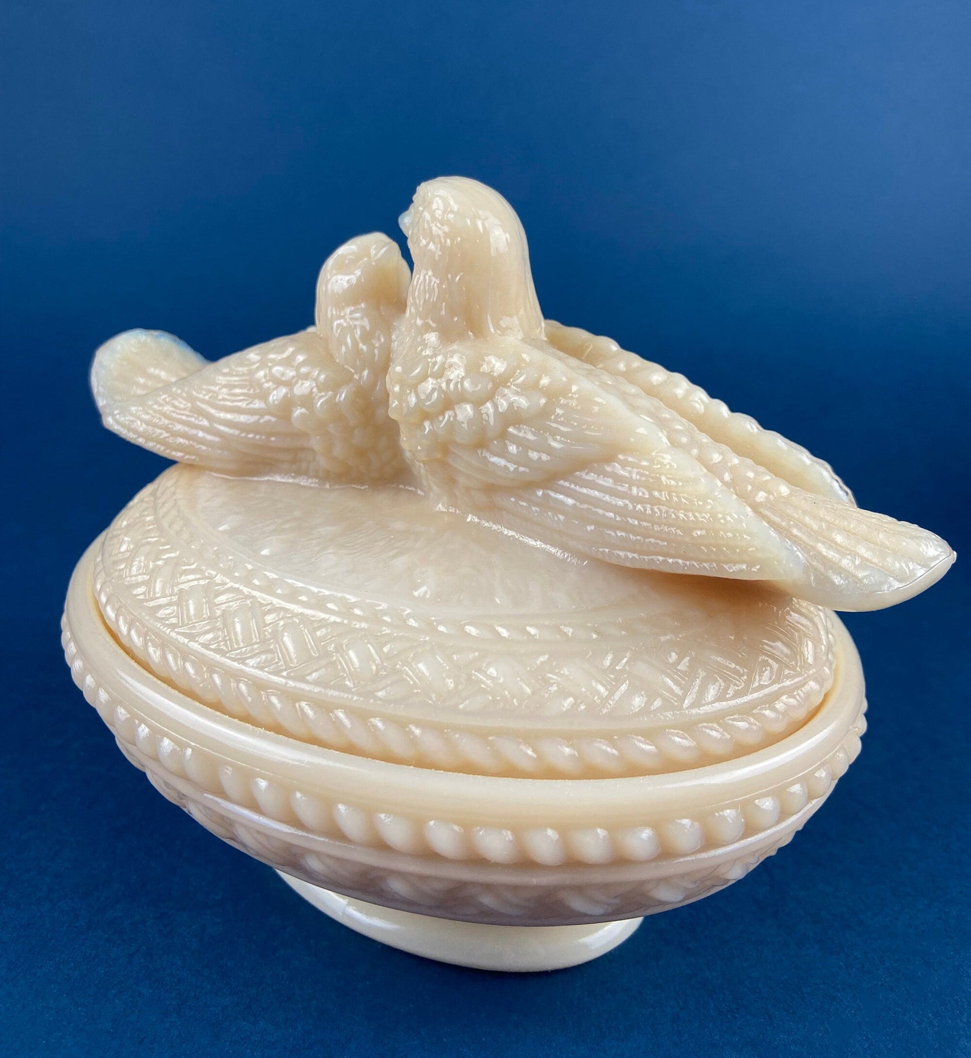 Bowl with Lid Yellow Ceramic Doves on Nest. Kissing Birds on Basket. Dish with Pair of Love Birds. - Tampa Home & Garden Store