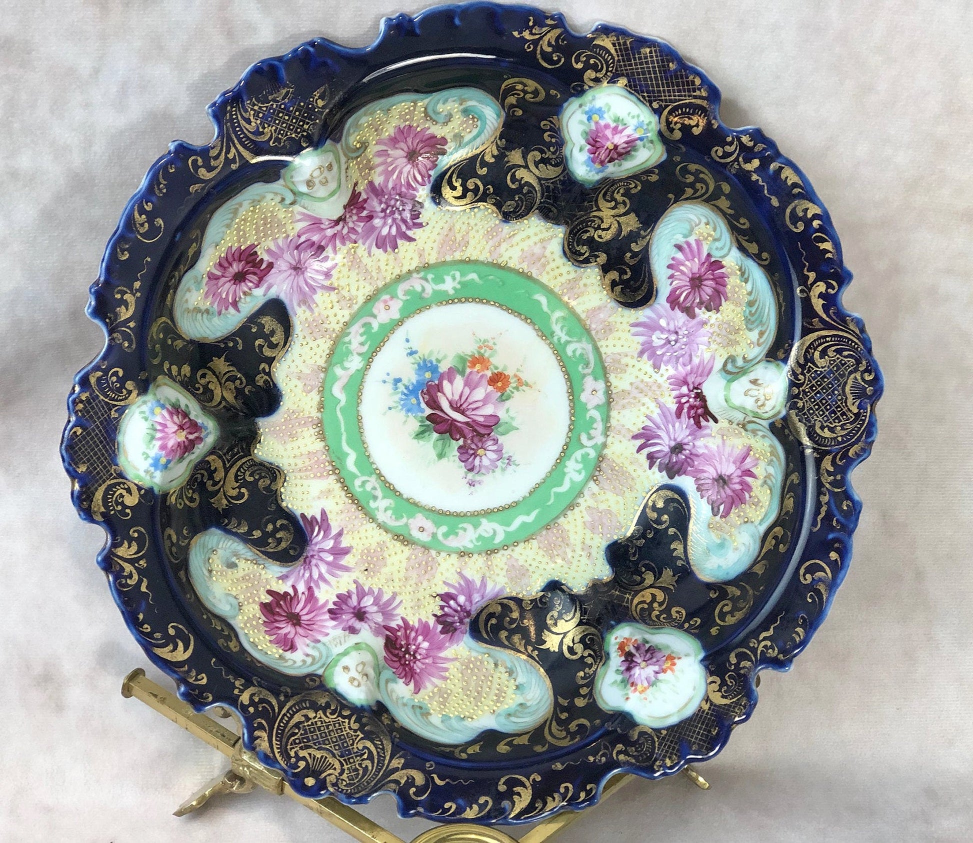 Bowl with Stand. Antique Intricate Hand Decorated Large Dish with Scalloped Rim and 22 Karat Gold Elements. - Tampa Home & Garden Store