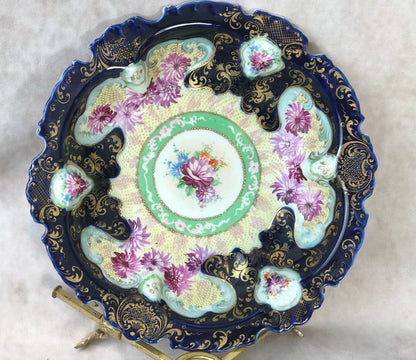 Bowl with Stand. Antique Intricate Hand Decorated Large Dish with Scalloped Rim and 22 Karat Gold Elements. - Tampa Home & Garden Store