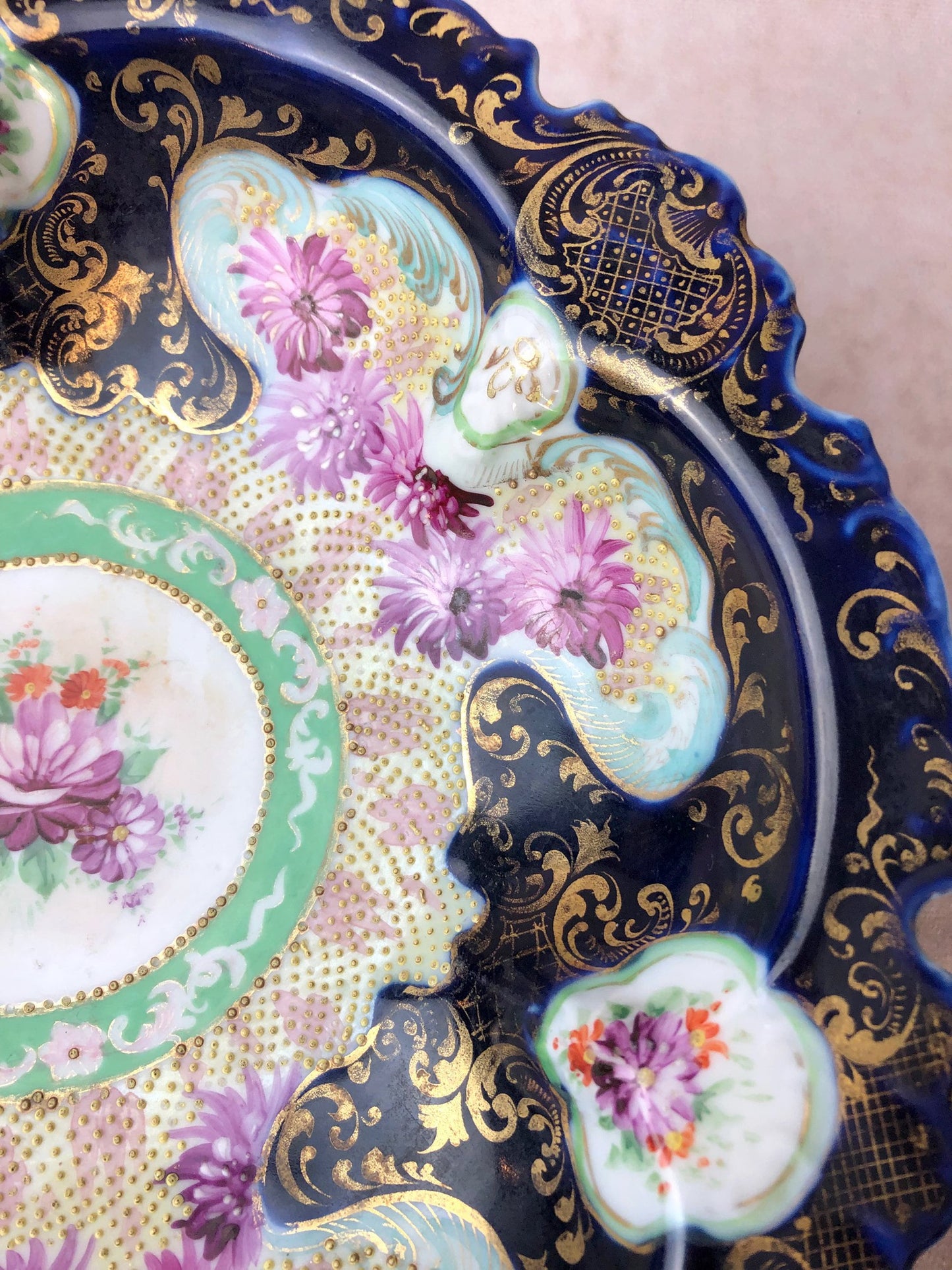 Bowl with Stand. Antique Intricate Hand Decorated Large Dish with Scalloped Rim and 22 Karat Gold Elements. - Tampa Home & Garden Store