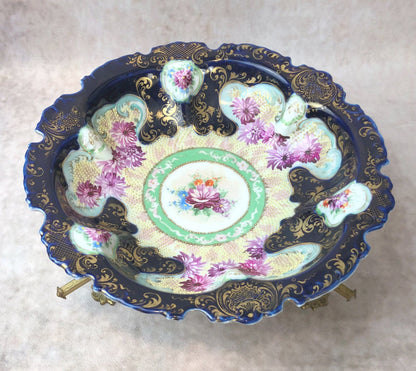 Bowl with Stand. Antique Intricate Hand Decorated Large Dish with Scalloped Rim and 22 Karat Gold Elements. - Tampa Home & Garden Store