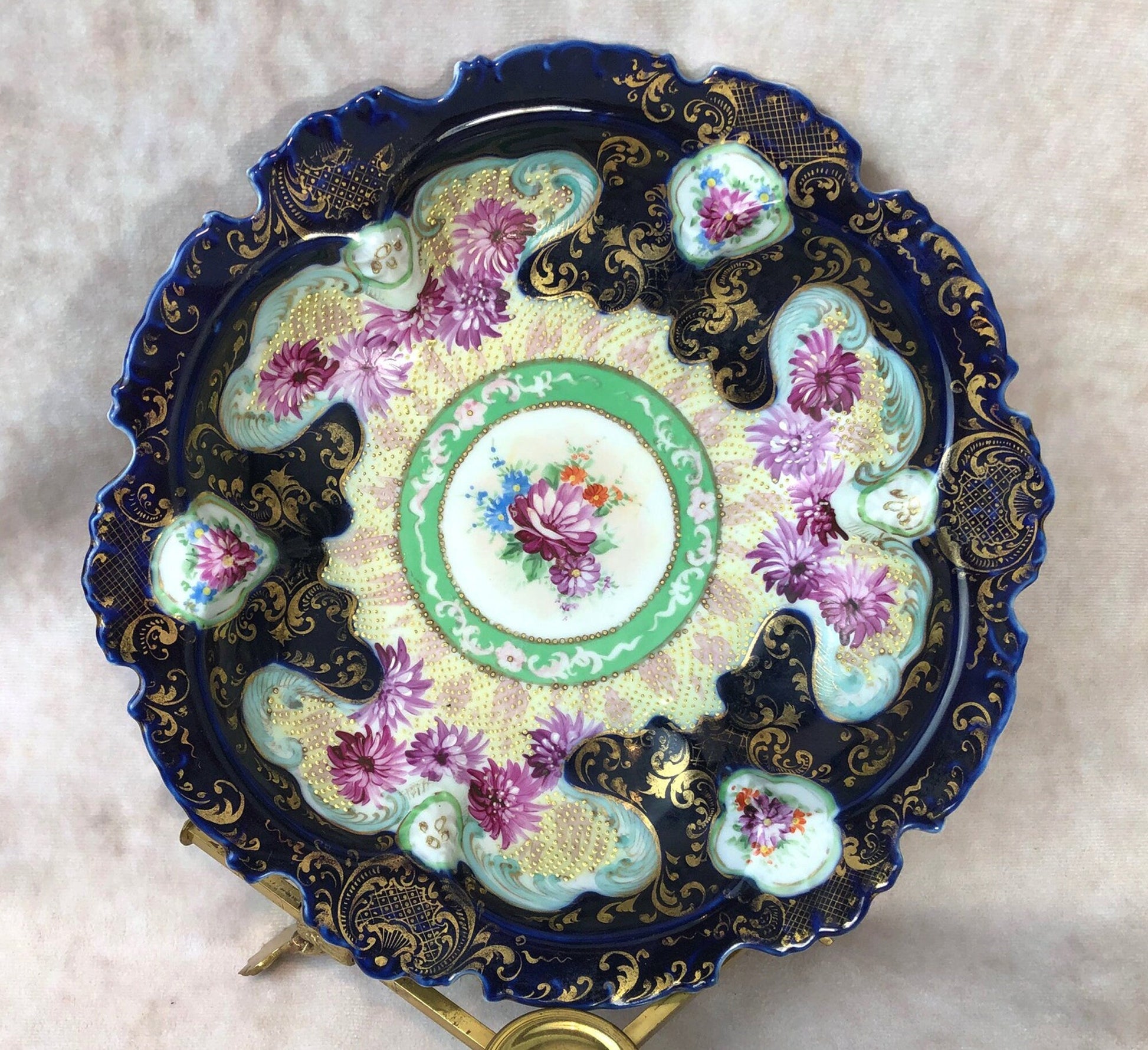 Bowl with Stand. Antique Intricate Hand Decorated Large Dish with Scalloped Rim and 22 Karat Gold Elements. - Tampa Home & Garden Store