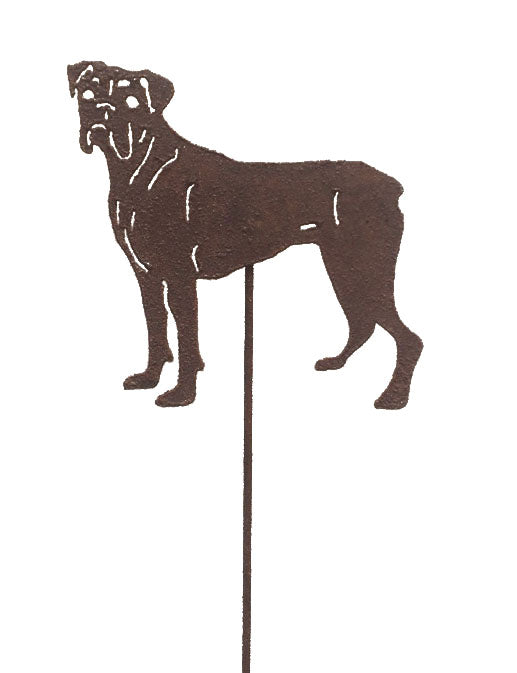 Boxer plant stake rust-colored metal silhouette with stake by Rustica Ornamentals on Tampa Home & Garden Store
