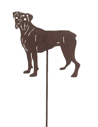 Boxer plant stake rust-colored metal silhouette with stake by Rustica Ornamentals on Tampa Home & Garden Store