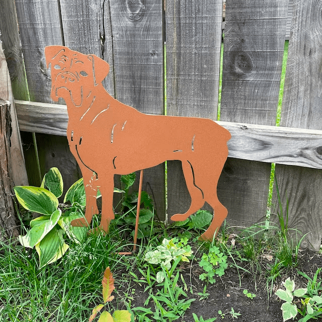 Boxer dog garden statue in rust metal by Rustica Ornamentals on Tampa Home & Garden Store