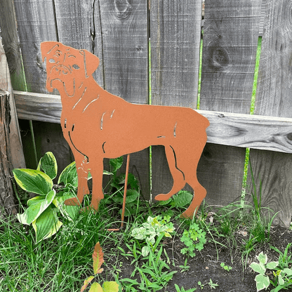 Boxer dog garden statue in rust metal by Rustica Ornamentals on Tampa Home & Garden Store