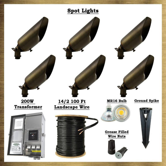 Brass LED Spot Light Kit: (6) Brass Spotlights, All Necessary Components - Tampa Home & Garden Store