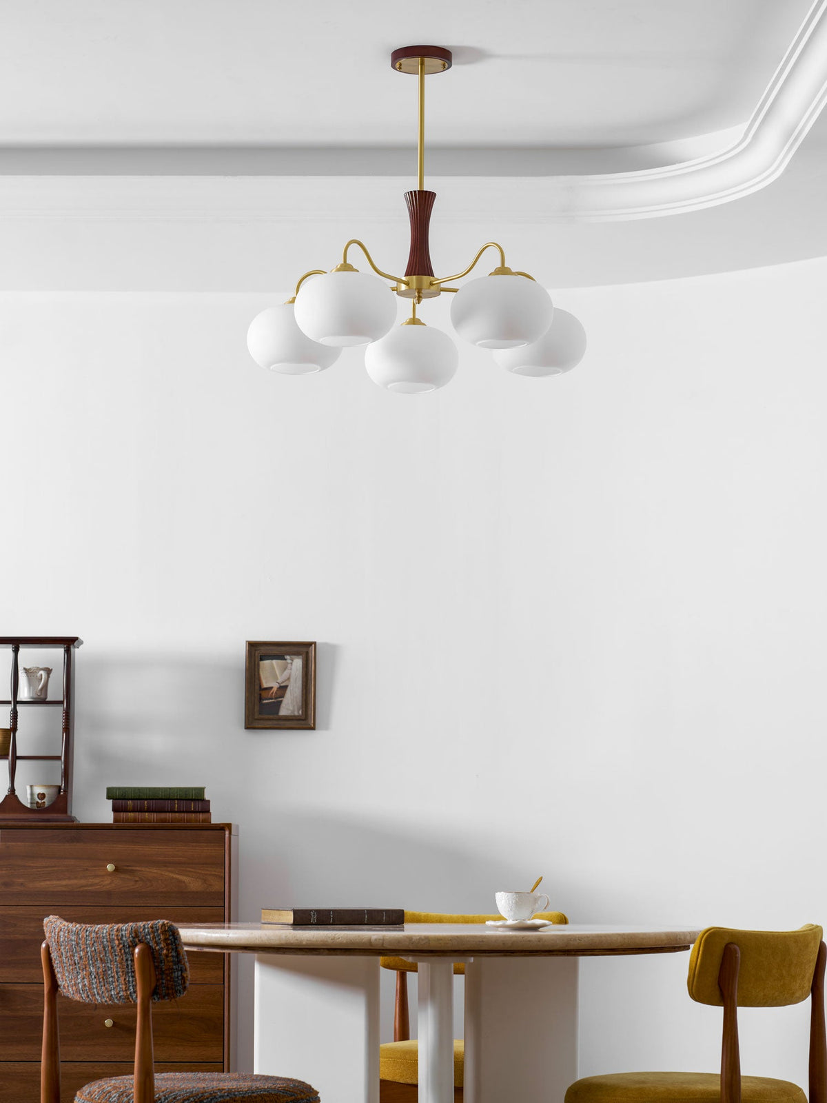 Persimmon Glass Chandelier and Brass Wood Shade