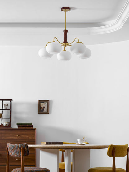 Persimmon Glass Chandelier and Brass Wood Shade