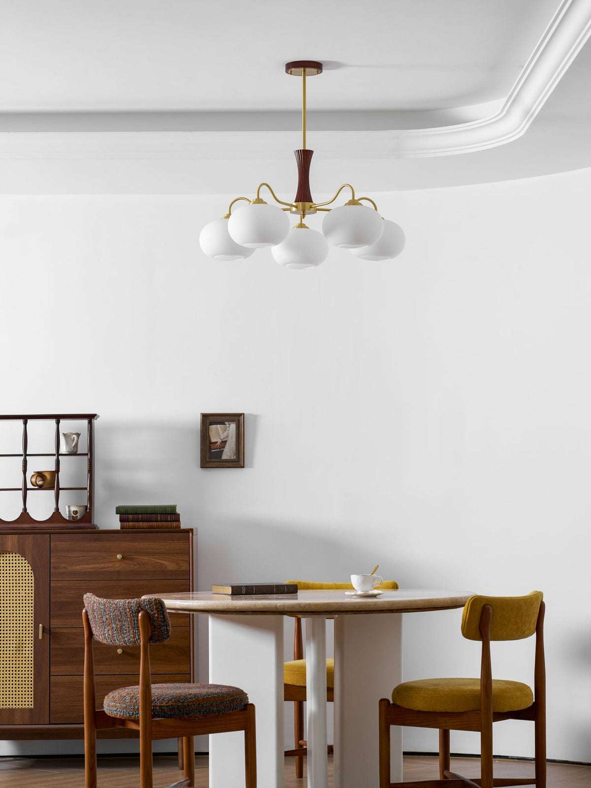 Persimmon Glass Chandelier with Brass Arms by Moktan Sabai, white glass globes, wood accent on Tampa Home & Garden Store