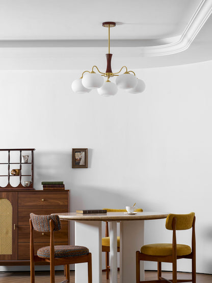 Persimmon Glass Chandelier with Brass Arms by Moktan Sabai, white glass globes, wood accent on Tampa Home & Garden Store