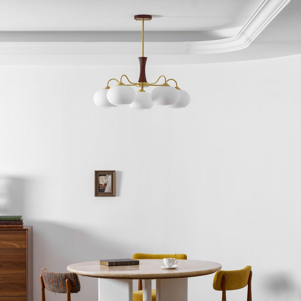 Chandelier Moktan Sabai Persimmon Glass with Brass Arms; white glass globes, wood-accent stem on Tampa Home & Garden Store