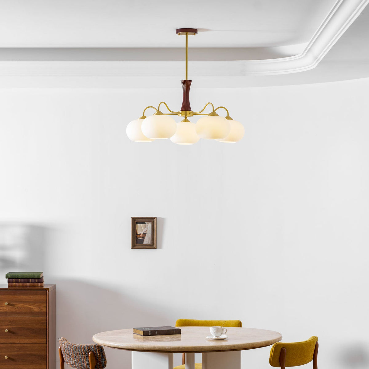 Chandelier Persimmon glass with brass arms and five frosted globes wood canopy on Tampa Home & Garden Store