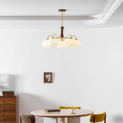 Chandelier Persimmon glass with brass arms and five frosted globes wood canopy on Tampa Home & Garden Store