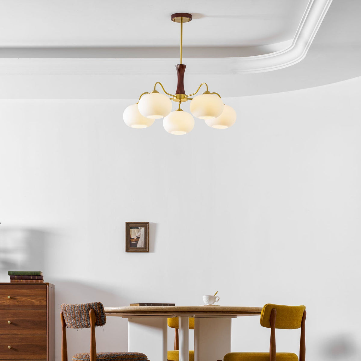 Persimmon Glass Chandelier with brass arms and five frosted globes in wood ceiling light on Tampa Home & Garden Store