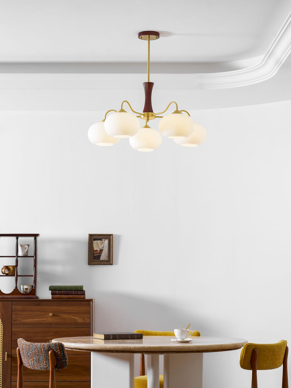 Persimmon Glass Chandelier and Brass Wood Shade