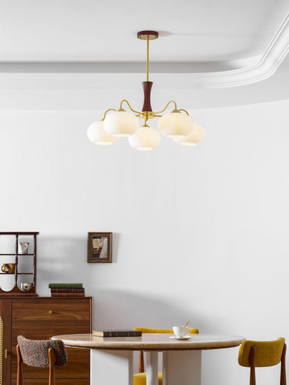 Persimmon Glass Chandelier and Brass Wood Shade