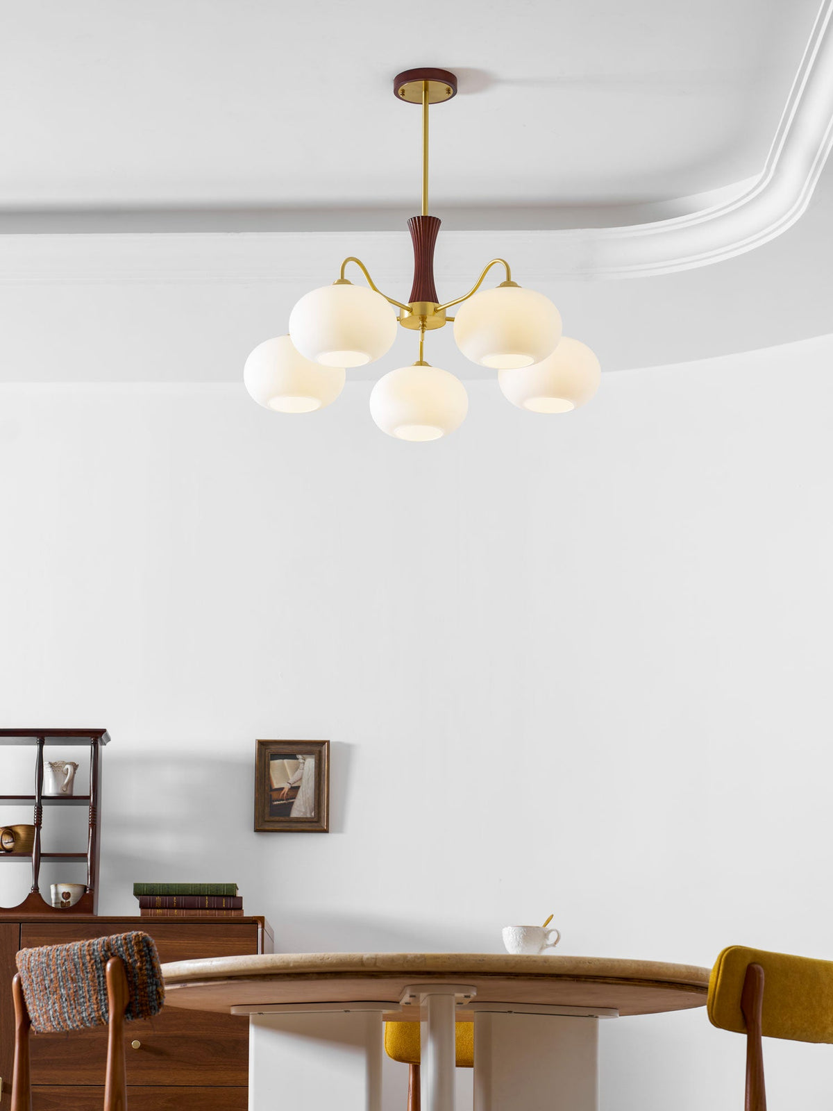 Persimmon Glass Chandelier with Brass Arms by Moktan Sabai, wood-accent ceiling pendant light on Tampa Home & Garden Store