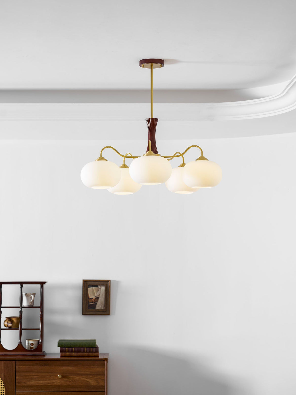 Persimmon Glass Chandelier with brass arms and wood accent stem; five frosted glass globes on Tampa Home & Garden Store