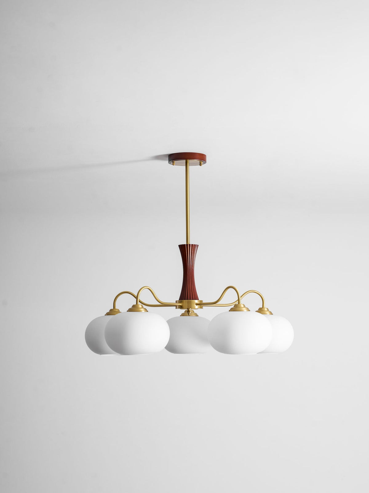 Chandelier Moktan Sabai Persimmon glass with brass arms and wood accent on Tampa Home & Garden Store