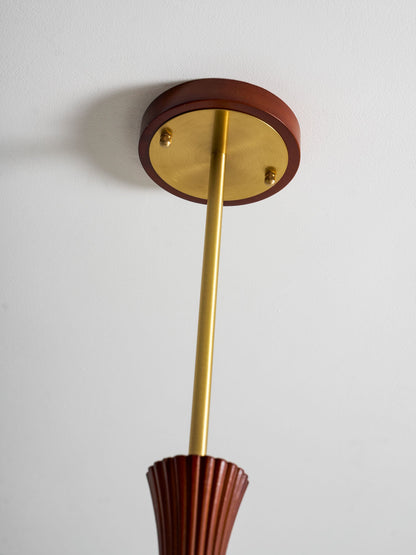 Chandelier Persimmon glass shade with brass arms and wood-accent ceiling plate on Tampa Home & Garden Store