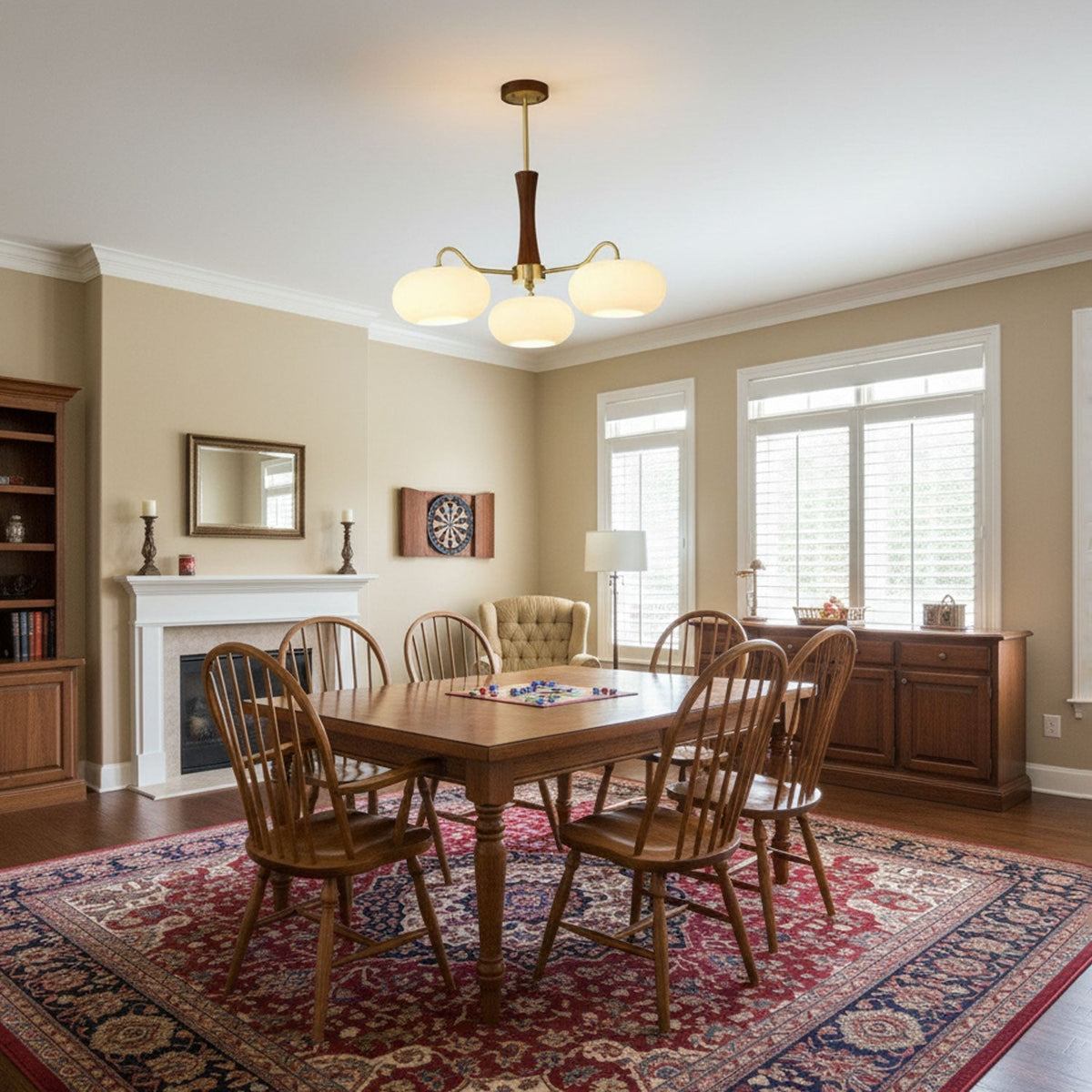 Persimmon Glass Chandelier with Brass Arms, three frosted globe shades and wood stem on Tampa Home & Garden Store
