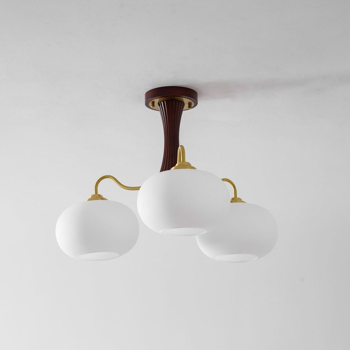 Persimmon Glass Chandelier with Brass Arms, wood ceiling pendant with 3 white glass globes on Tampa Home & Garden Store