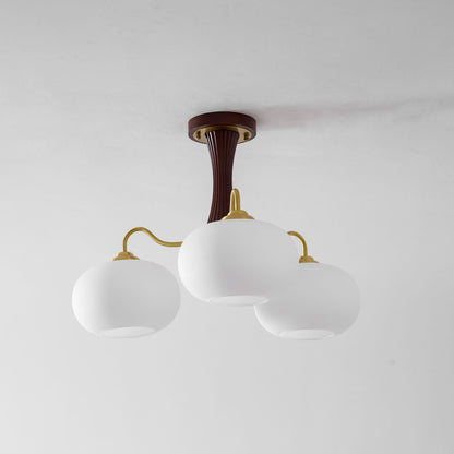 Persimmon Glass Chandelier with Brass Arms, wood ceiling pendant with 3 white glass globes on Tampa Home & Garden Store