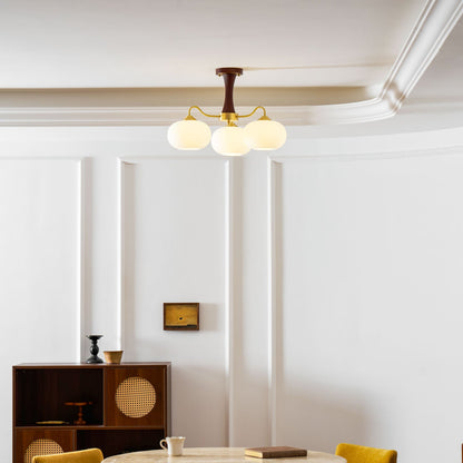 Chandelier Persimmon Glass with Brass Arms, dark wood stem, 3 frosted glass globes ceiling light on Tampa Home & Garden Store