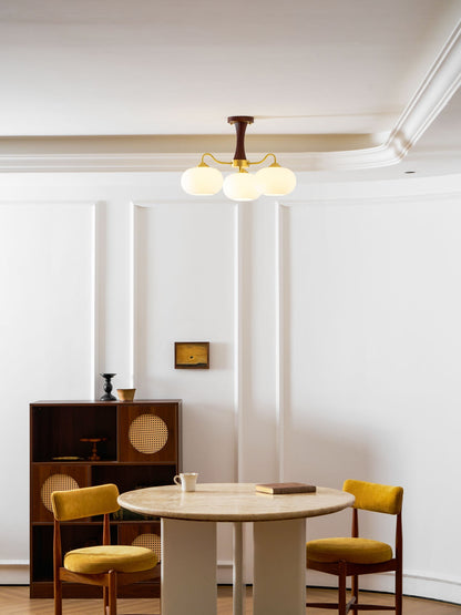 Chandelier Moktan Sabai Persimmon Glass with Brass Arms; 3 frosted globes, wood canopy on Tampa Home & Garden Store