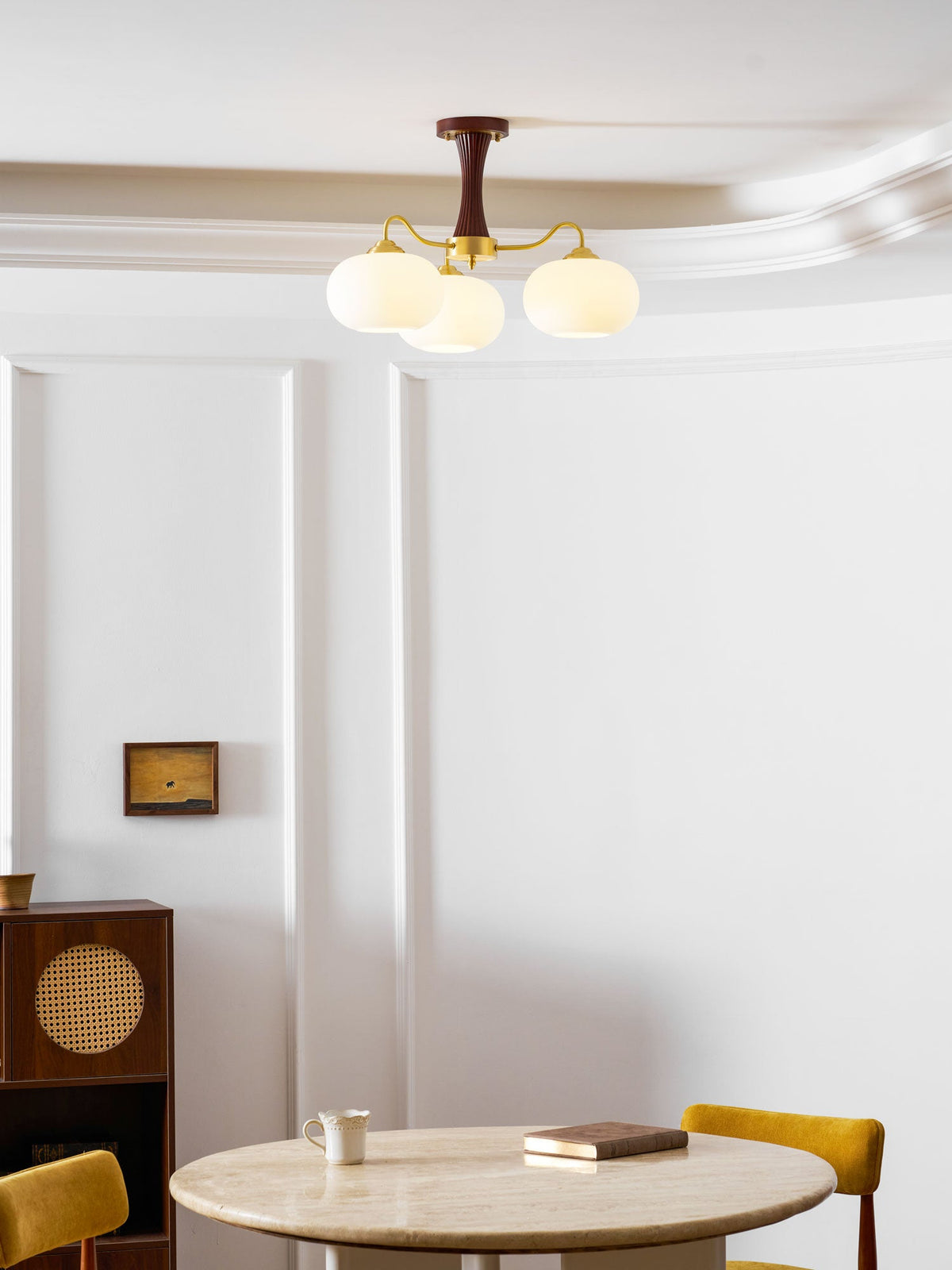 Chandelier Moktan Sabai Persimmon glass with brass arms, three glass globes, wood accent canopy on Tampa Home & Garden Store