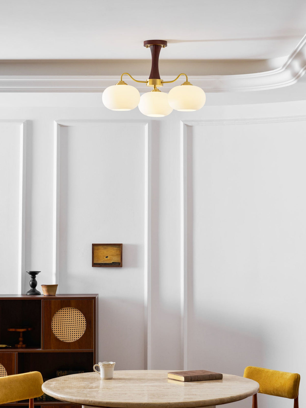 Persimmon Glass Chandelier with Brass Arms by Moktan Sabai, 3 frosted globe lights on Tampa Home & Garden Store