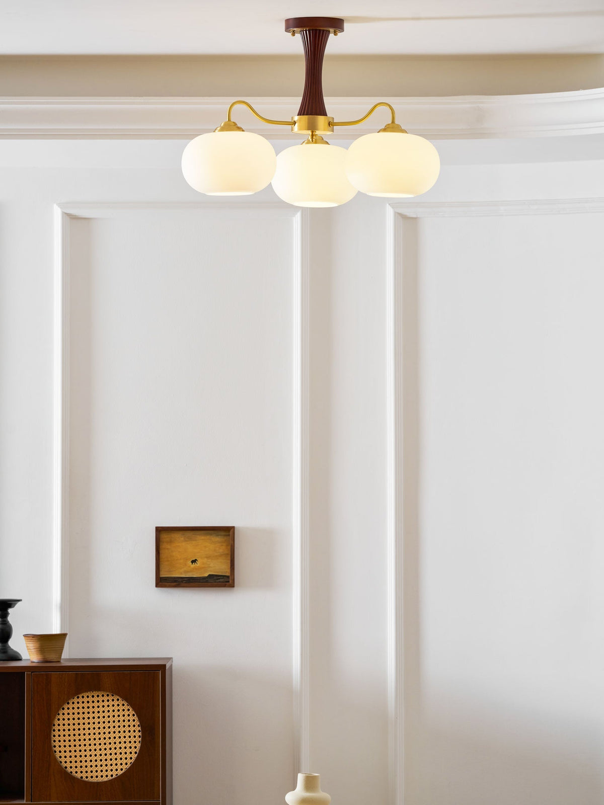 Persimmon Glass Chandelier by Moktan Sabai with brass arms and wood stem, three frosted globes on Tampa Home & Garden Store