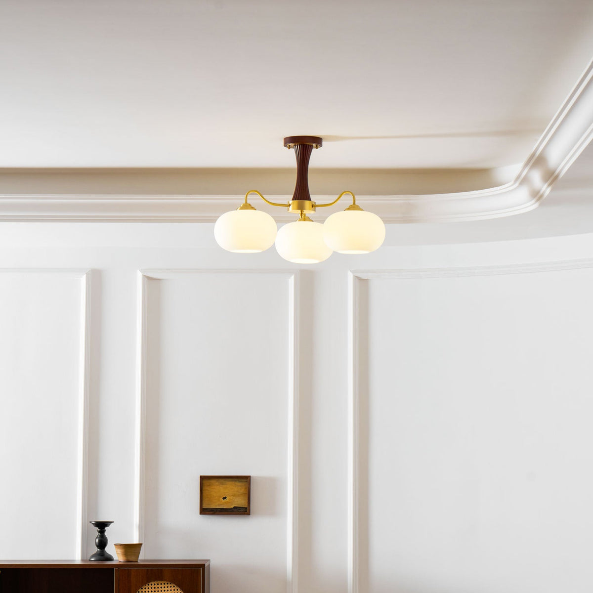 Persimmon Glass Chandelier with Brass Arms, three frosted globes, wood accent stem on Tampa Home & Garden Store