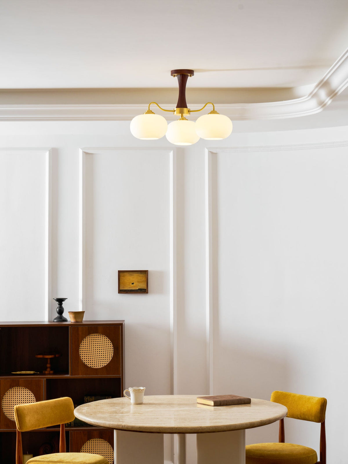 Persimmon Glass Chandelier with Brass Arms; three frosted globes on brass arms, wood stem on Tampa Home & Garden Store