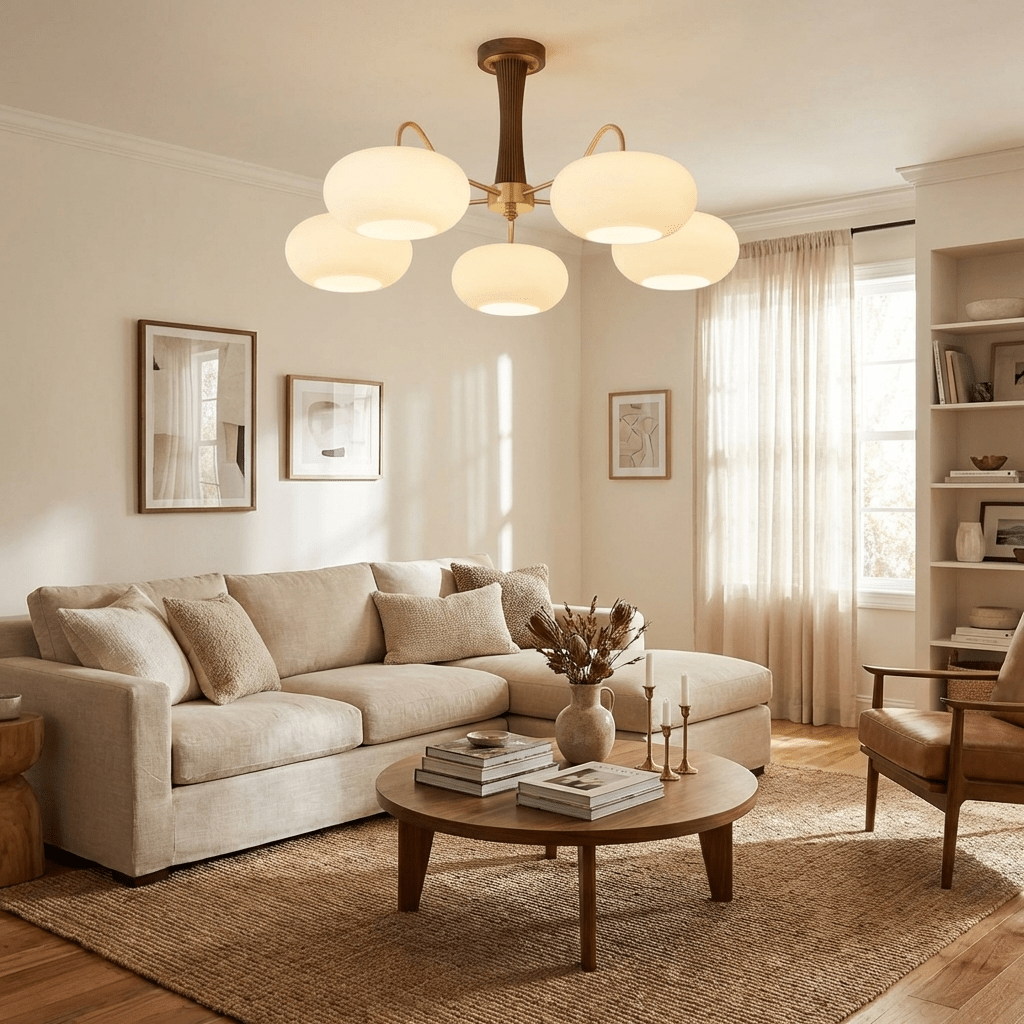 Persimmon Glass Chandelier with Brass Arms, frosted glass globes, wood-accent ceiling mount on Tampa Home & Garden Store