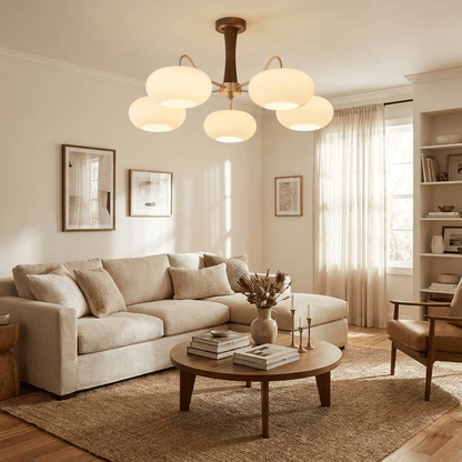 Persimmon Glass Chandelier with Brass Arms, frosted glass globes, wood-accent ceiling mount on Tampa Home & Garden Store
