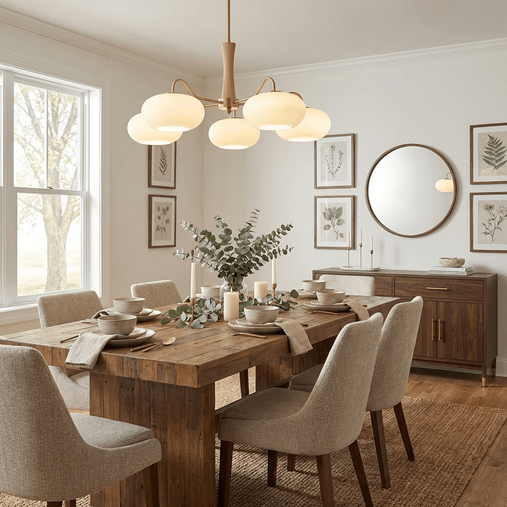 Persimmon glass chandelier by Moktan Sabai with brass arms over a rustic wood dining table on Tampa Home & Garden Store