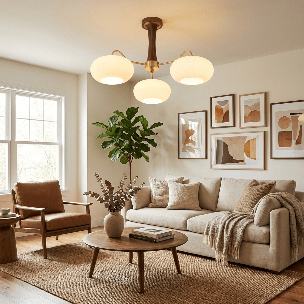 Persimmon glass chandelier with brass arms and wood accents Moktan Sabai living room chandelier on Tampa Home & Garden Store
